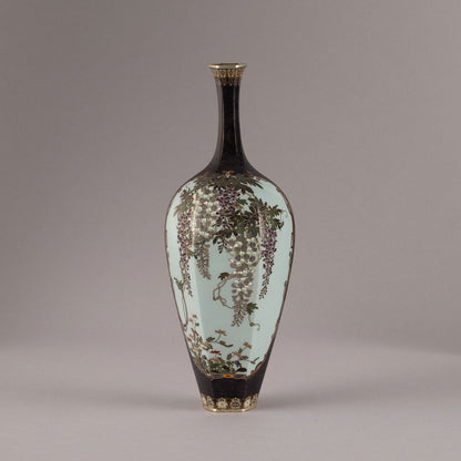 Enamel flower vase with floral and bird motif