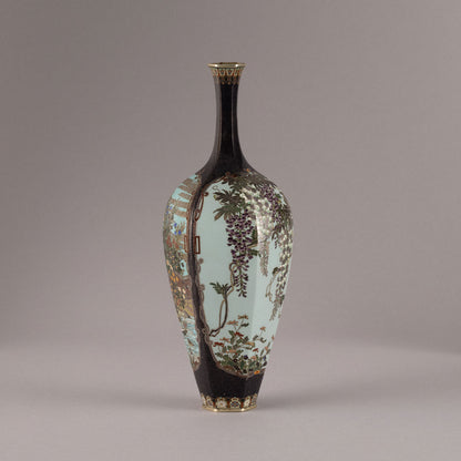 Enamel flower vase with floral and bird motif
