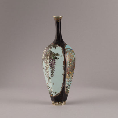 Enamel flower vase with floral and bird motif