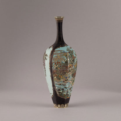 Enamel flower vase with floral and bird motif