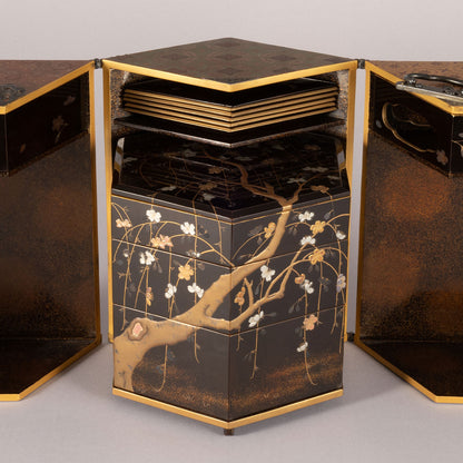 蒔絵嵐山文六角提重