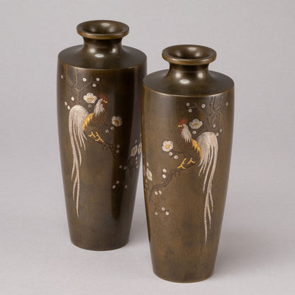 銅製長尾雞花瓶一對