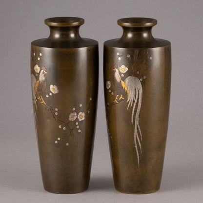 銅製長尾雞花瓶一對