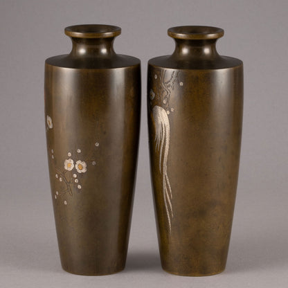 銅製長尾雞花瓶一對