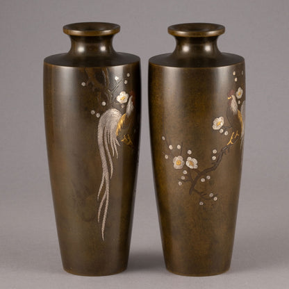 銅製長尾雞花瓶一對
