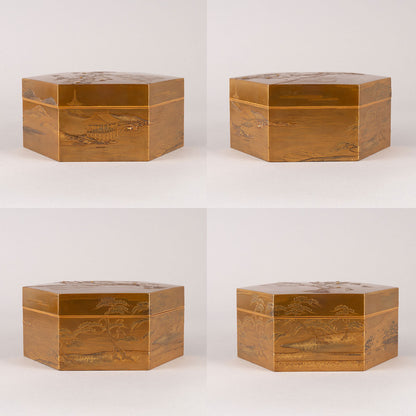 Makie design of Mt. Fuji, old pine and rocks, hexagonal incense box