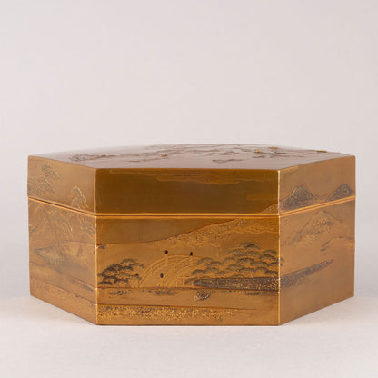 Makie design of Mt. Fuji, old pine and rocks, hexagonal incense box