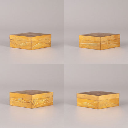 Makie design of Mt. Fuji, old pine and rocks, hexagonal incense box