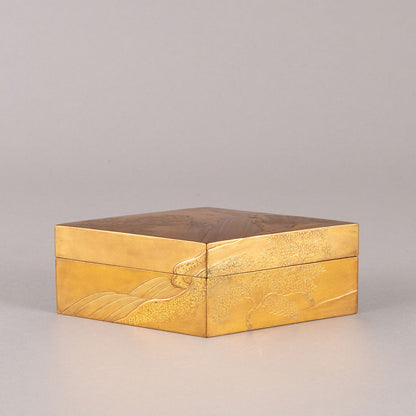 Makie design of Mt. Fuji, old pine and rocks, hexagonal incense box