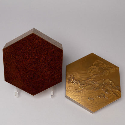 Makie design of Mt. Fuji, old pine and rocks, hexagonal incense box