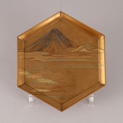 Makie design of Mt. Fuji, old pine and rocks, hexagonal incense box