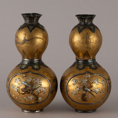 A pair of Shibayama maki-e gourd-shaped vases