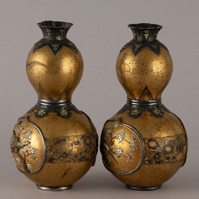 A pair of Shibayama maki-e gourd-shaped vases