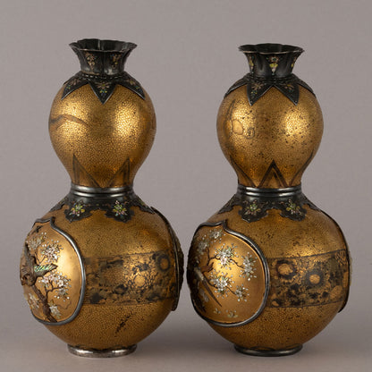 A pair of Shibayama maki-e gourd-shaped vases