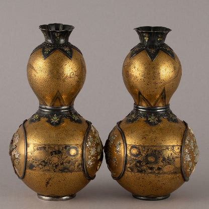 A pair of Shibayama maki-e gourd-shaped vases