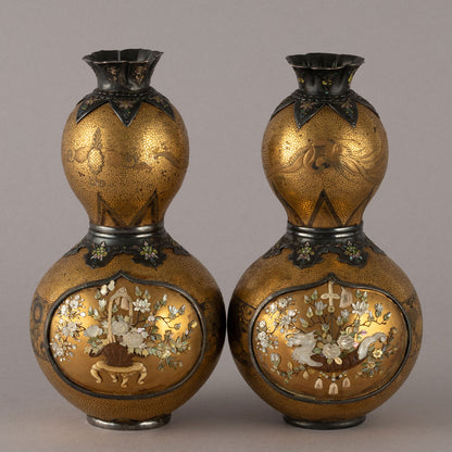 A pair of Shibayama maki-e gourd-shaped vases