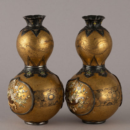 A pair of Shibayama maki-e gourd-shaped vases