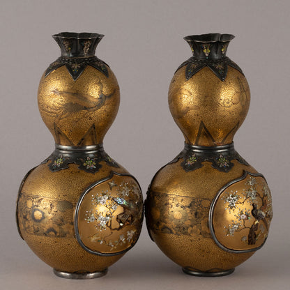 A pair of Shibayama maki-e gourd-shaped vases