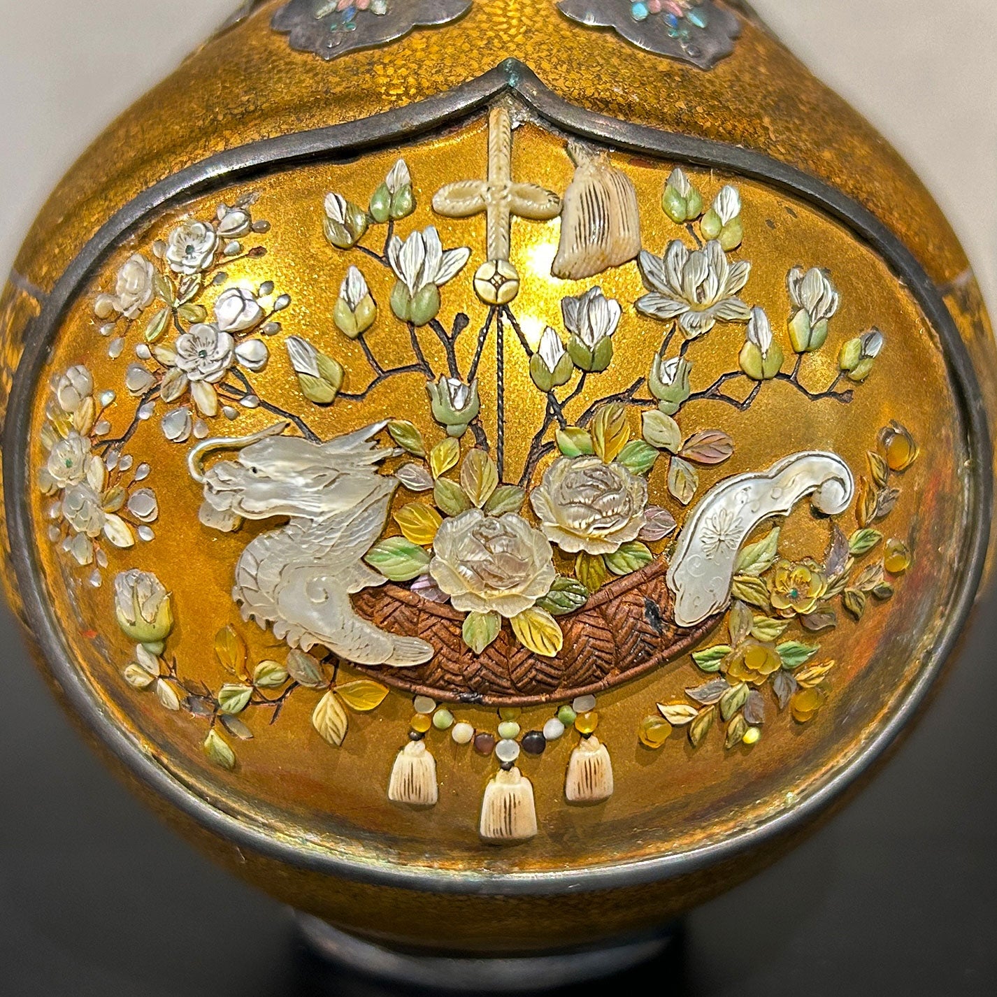 A pair of Shibayama maki-e gourd-shaped vases