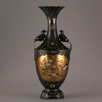 Silver ground with Shibayama inlay and double bird ear vase