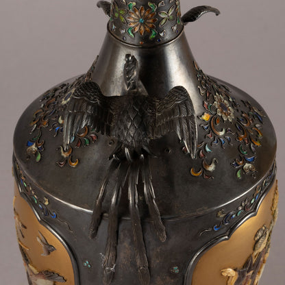 銀地柴山鑲嵌雙鳥耳花瓶