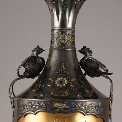 銀地柴山鑲嵌雙鳥耳花瓶