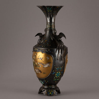 Silver ground with Shibayama inlay and double bird ear vase