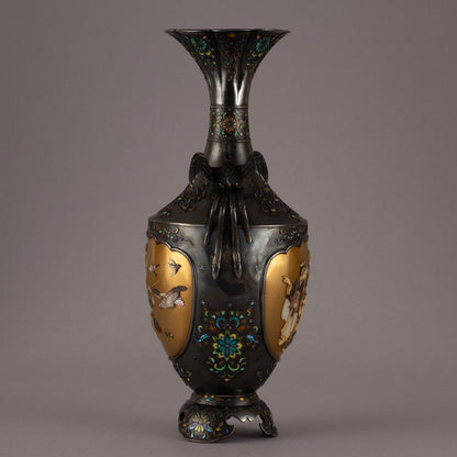 銀地柴山鑲嵌雙鳥耳花瓶