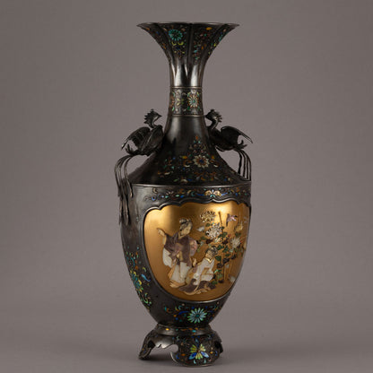 銀地柴山鑲嵌雙鳥耳花瓶