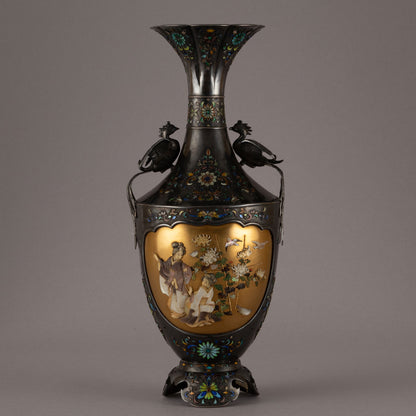 銀地柴山鑲嵌雙鳥耳花瓶