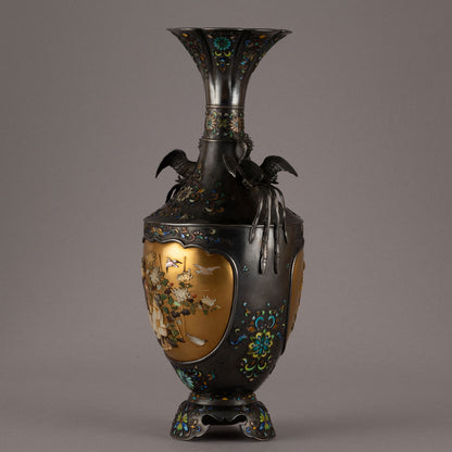 銀地柴山鑲嵌雙鳥耳花瓶