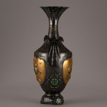 銀地柴山鑲嵌雙鳥耳花瓶