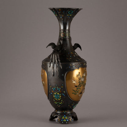 銀地柴山鑲嵌雙鳥耳花瓶