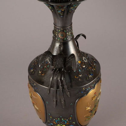 銀地柴山鑲嵌雙鳥耳花瓶