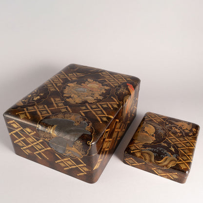 Flower and bird lacquerware stationery and inkstone box (set of 2)