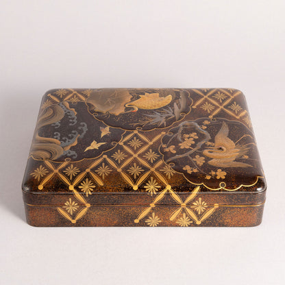 Flower and bird lacquerware stationery and inkstone box (set of 2)