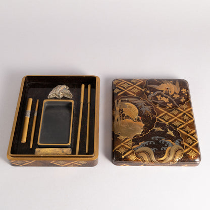 Flower and bird lacquerware stationery and inkstone box (set of 2)
