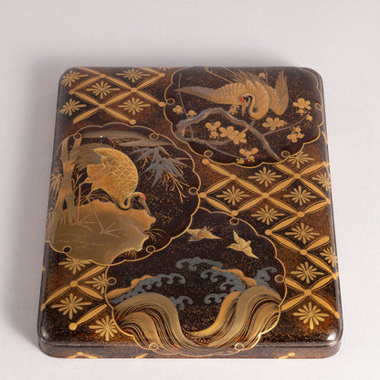 Flower and bird lacquerware stationery and inkstone box (set of 2)