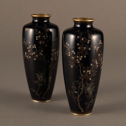 A pair of gold-lined cloisonné vases
