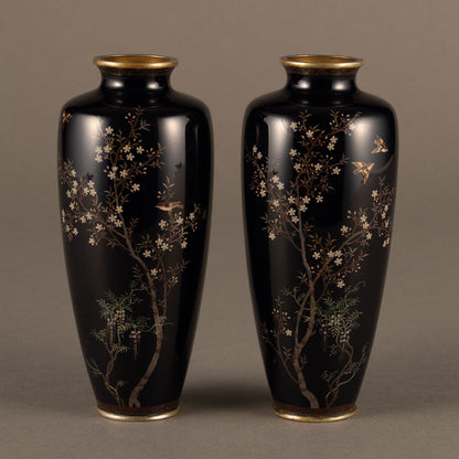A pair of gold-lined cloisonné vases