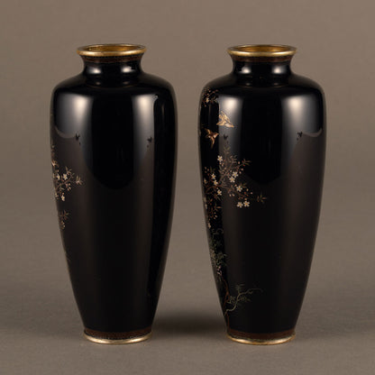 A pair of gold-lined cloisonné vases