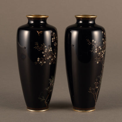 A pair of gold-lined cloisonné vases