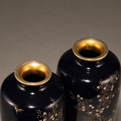 A pair of gold-lined cloisonné vases