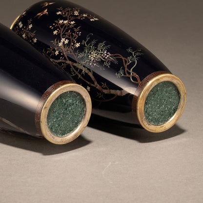 A pair of gold-lined cloisonné vases