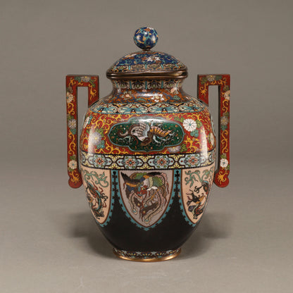 七寶龍鳳紋雙耳四方蓋罐