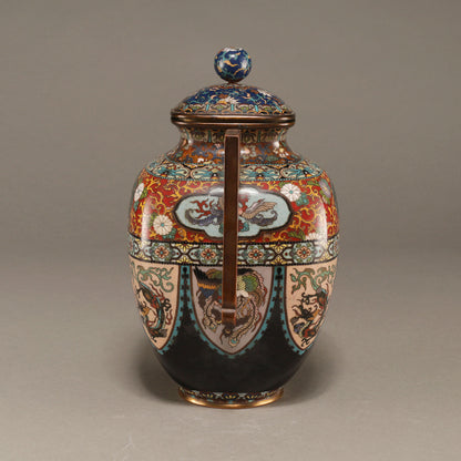 七寶龍鳳紋雙耳四方蓋罐