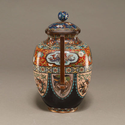 七寶龍鳳紋雙耳四方蓋罐