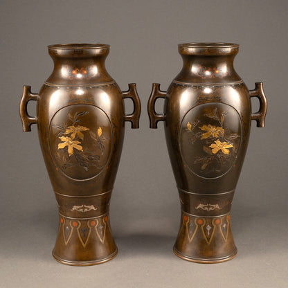 銅製金象嵌花生一対