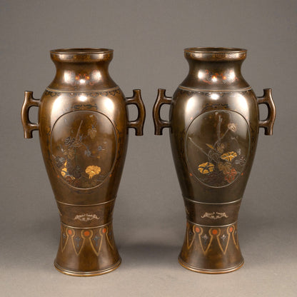 銅製金象嵌花生一対