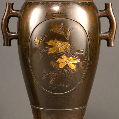 銅製金象嵌花生一対